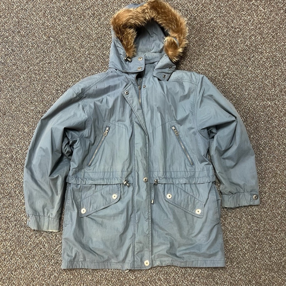 London Fog Jacket Vintage 1990s Fur Hood Rare Zip Up Blue Utility Pocket Large